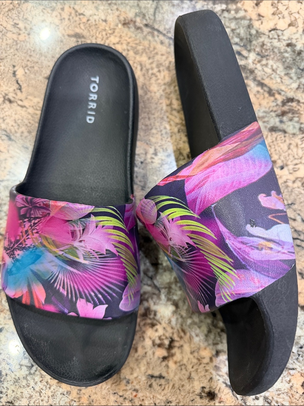 torrid Black Slide Sandals with Pink & Purple Tropical Floral Print